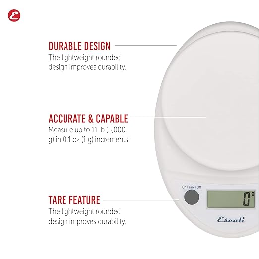 Escali Primo Digital Food Scale Multi-Functional Kitchen Scale and Baking Scale for Precise Weight Measuring and Portion Control 8.5 x 6 x 1.5 inches White