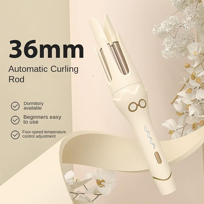 Automatic Curling Wand for Hair 36MM Korean Curls with Auto Rotate One-Touch Inner/Outer Curling 4 Heat Settings Fast 30s Heat Up 10 Min Styling Beige Anti-Scald Design 60 Min Auto Shut Off