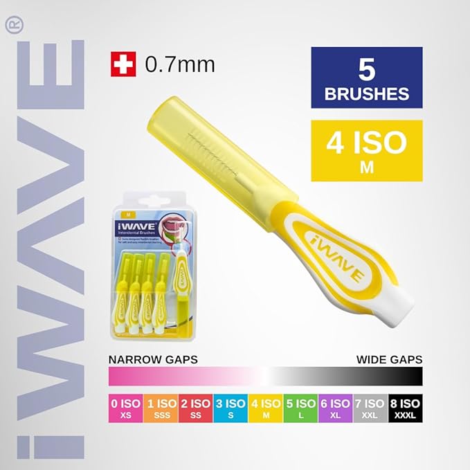 iWave Interdental Brushes Fine Size 0.7 mm Yellow Pack of 5 – Interdental Cleaning Brushes for Total Teeth Cleaning Plaque Removal Tool