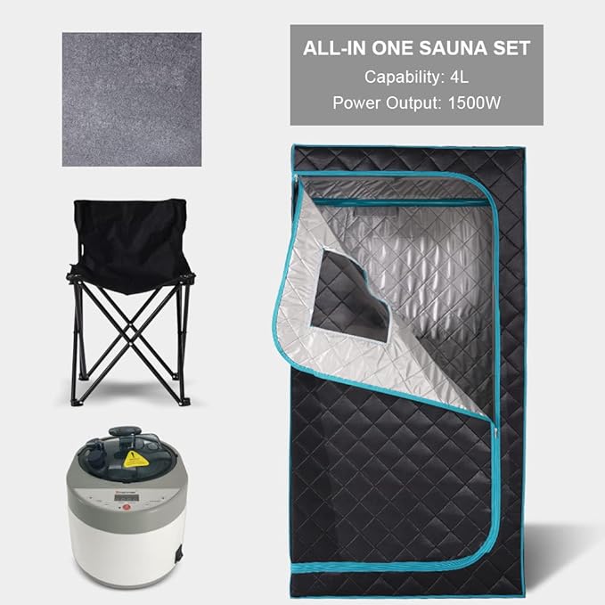 Smartmak Portable Home Steam Sauna Full Size Personal Sauna Spa Box Single Saunas Box with Steamer 4L 1500W Large Steam Generator 99 Min Timer Remote Control Upgraded Foldable Chair Mat Green