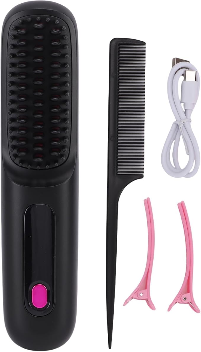 Asixxsix Asixxsix Hair Straightener Brush 20s Fast Heating Cordless Straightening Brush Portable Hair Straightener with LCD Display and 3 Temperature Settings for Women (Purple) (Black)