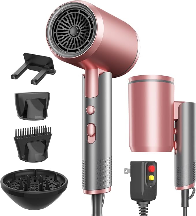 Foldable Portable Ionic Hair Dryer 1600W - Compact Mini Blow Dryer with Diffuser Concentrator &amp Comb Nozzle Intelligent Temperature Control Low Noise for Home Salon &amp Travel (PinkGrey)