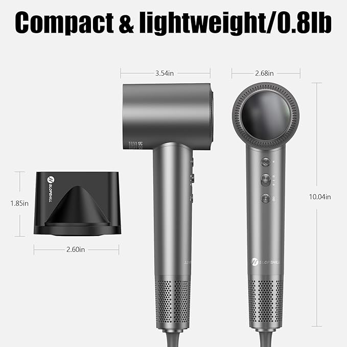 slopehill 110000 RPM Professional Hair Dryer - 0.8lb Ultra-Lightweight 2 Billion Ion Technology for 98% Frizz Reduction AI Smart-Temp Control Magnetic Attachments for All Hair Types (Dark Grey)