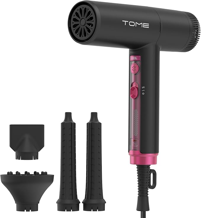 TOME Hair Dryer 1875W High-Speed EC Motor 110000 RPM Ionic Blow Dryer Fast Drying Cool Shot Lock 3 Heat 2 Speed 4 Attachments (Styling Nozzle Diffuser 2 Air-Powered Wrap Wands) 125V Hot Pink