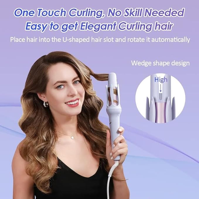 Automatic Curling Iron Professional Anti-Tangle Automatic Hair Curler with 3-Speed Temperature &amp 2 Timer Reminder Fast Heating Double Anti-Scald Ceramic Curling Wand for Curly Hair Styling (Pin