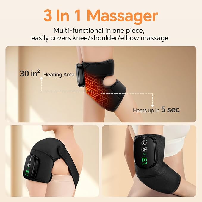 Foot Massager with Heat Knee Shoulder Elbow 3 in 1 Feet Massager Heated Knee Massager Shoulder Massager with Heat Vibration 210 mins Battery Cordless Portable Touchscreen Control (Black)