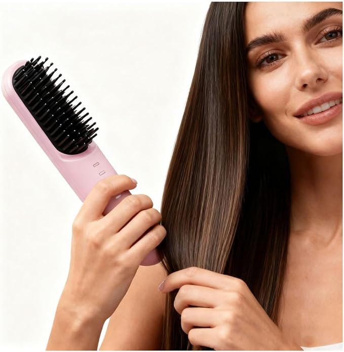 Cordless Hair Straightener Brush-Portable Straightening Comb Plasma Tech 4 Temp-Settings for Travel &amp HomePink1.7x7.8''