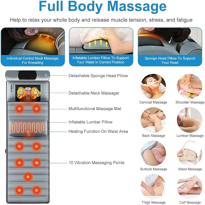 Heating Massage Mattress Full Body Massage Mat with 20 Heads Vibrating and Heat Therapy for Back Lumbar Leg Pain Relief Foldable Storage