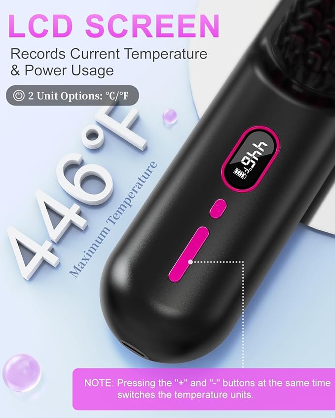 Sunwhisper Cordless Hair Straightener Brush with 200 Million Anion Portable Comb for Travel with LCD Display 2 Clips - Black