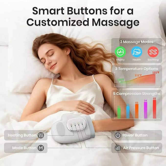 Cordless Hand Massager with Heat and Compression Electric Hand Massager for Arthritis and Carpal Tunnel Relief 3 Modes 3 Heat Levels 5 Compression Settings Hand Massage Ideal Gifts for Women/Men