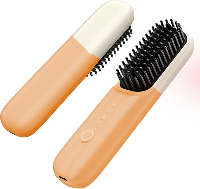 Cordless Hair Straightener Brush Portable Straightening Brush for Women Mini Negative Ion Hot Comb for Travel 30Mins Auto-Off USB Rechargeable Fast Heating 3 Temperature Settings (Orange+White)