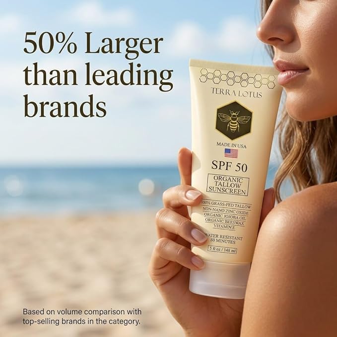 Organic Tallow Sunscreen - 50 SPF - For Face and Body - With 100% Grass-Fed Tallow and Non-Nano Zinc Oxide Reef Safe - (5 Oz)