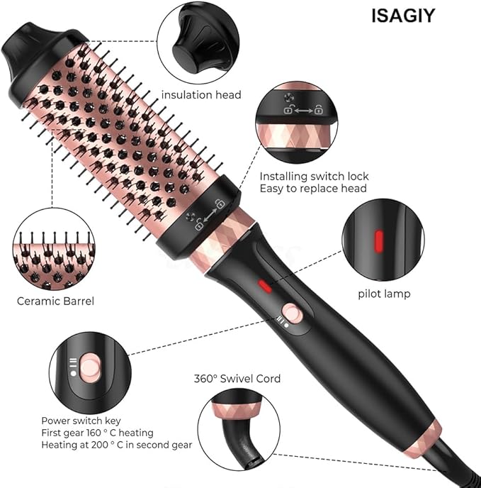 ISAGIY 3-in-1 Electric Hair Curling Irons with Detachable Head Thermal Brush Set for Voluminous Style Non-Blowing Heated Round Brush with Adjustable Temp