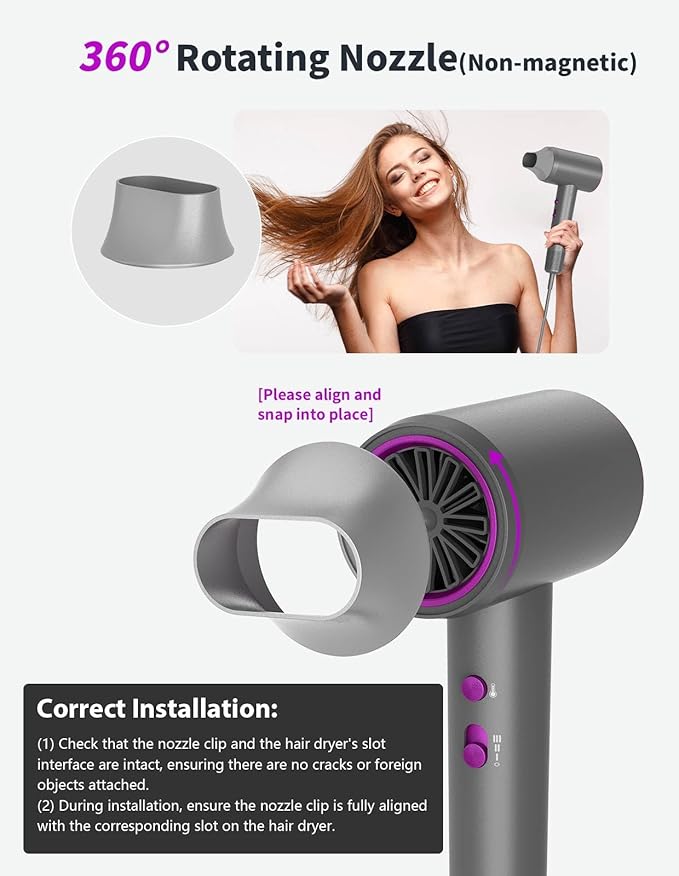 NUTROMO Hair Dryer 3 Min Fast Drying-110000 RPM Professional High Speed Blow Dryer 200 Millions Negative Ionic Care Hair Dryer Low Noise Thermo-Control Hairdryer Travel with Nozzle (Gray&ampPurple