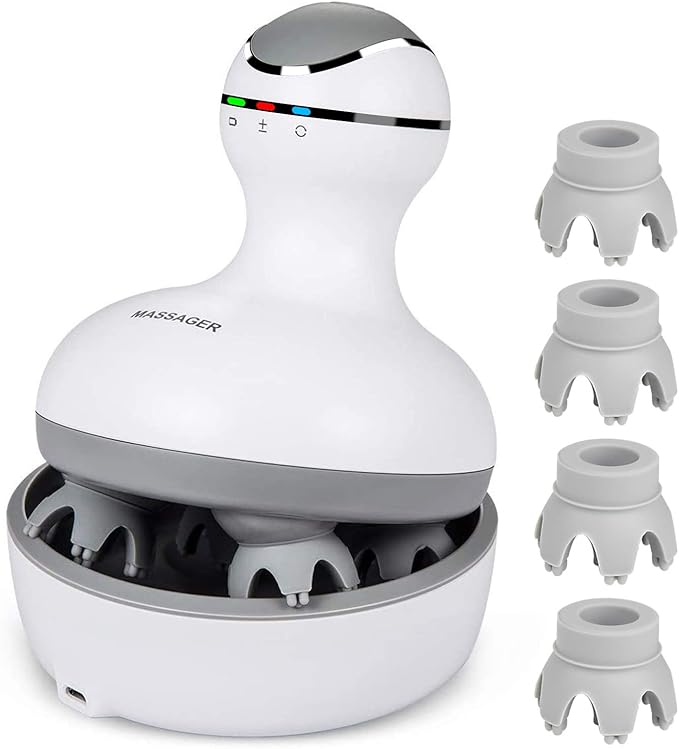 cotsoco Electric Scalp Head &amp Back Massager Cordless Hair Massage Waterproof Head Massager with 4 Heads 84 Nodes for Hair Growth Stress Relief &amp Deep Clean Gifts for Men Women White