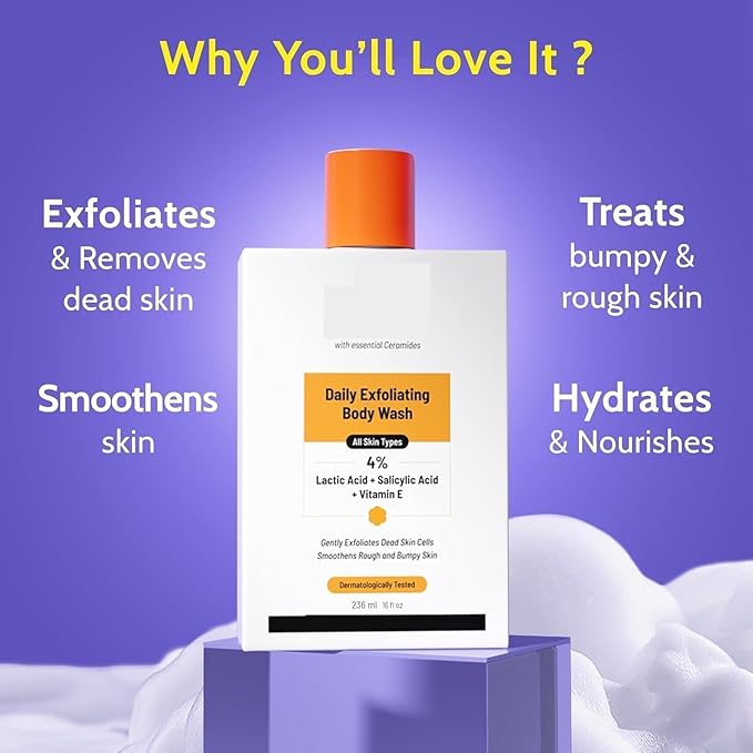JP Exfol.iating Bo.dy Wash 236ml | 4% (Salicylic Acid Vitamin E and Lactic Acid) | Paraben &amp SLS Free | Gentle Exfoliating Shower Gel | Removes Tan &amp Body Acne | Prevents Dry Rough Bumpy Sk