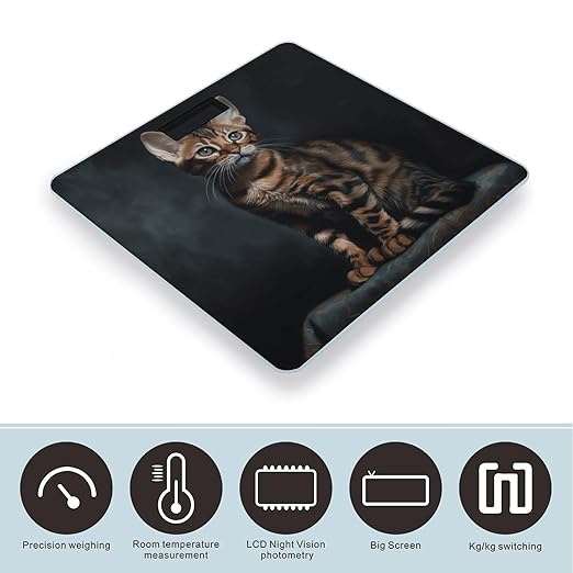 Bengal Cat Bathroom Scale Large LCD Backlight Display Digital Scale Rounded Corners Body Scales Automatic Power On/Off Bathroom Scales for Home Bedrooms