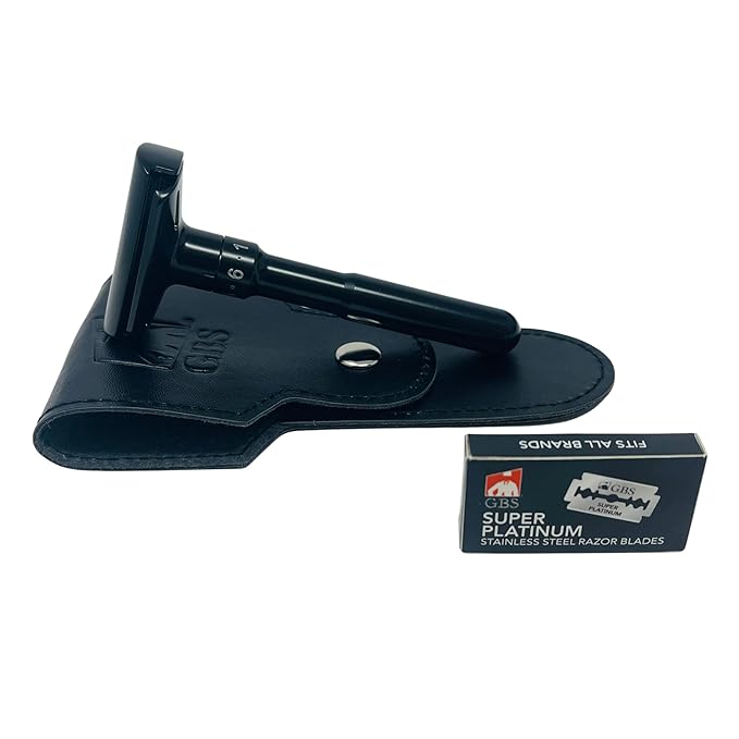 G.B.S Double Edge Safety Razor – Premium Black Steel Shaving Razor with Weighted Handle Leather Travel Case &amp 10 DE Blades – Smooth Close and Comfortable Shave for Men