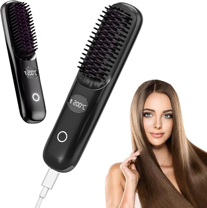 GoBrush for Short HairPortable Straightener Brushes for Travel2026 Go Brush Cordless Ceramic Hair Straightener with LCD Temperature DisplayFast Styling Brush (Black)
