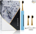 Bamboo Electric Toothbrush for Adults丨Rechargeable Electric Toothbrush with 3 Non Toxic Charcoal Infused Bamboo Brush Heads 5 Cleaning Modes 60 Days Battery Life IPX7 Waterproof-Blue