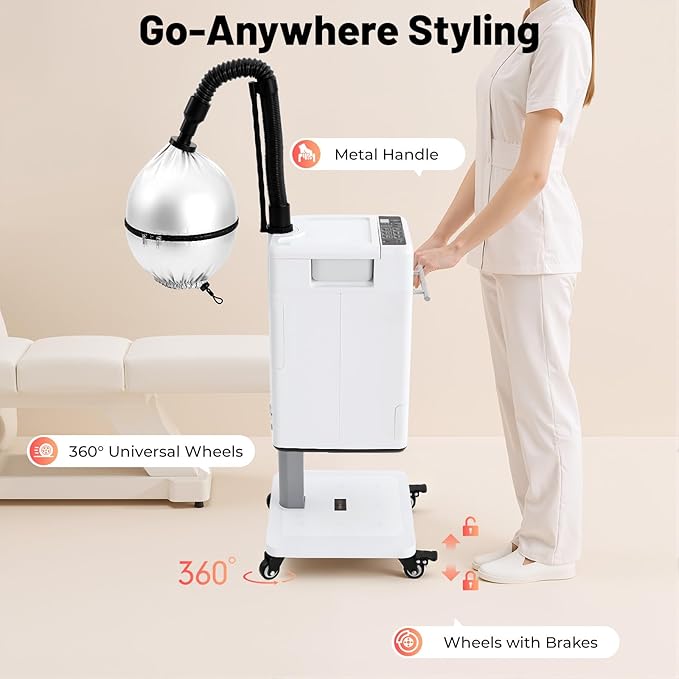 500W Electric Nano Hair Steamer Machine Vertical Anion Hair Color Processor with 2 Steamed Hats &amp 4 Wheels Multifunctional Anion Mist Hair Dyeing Machine Stand Up Base Salon Spa Equipment