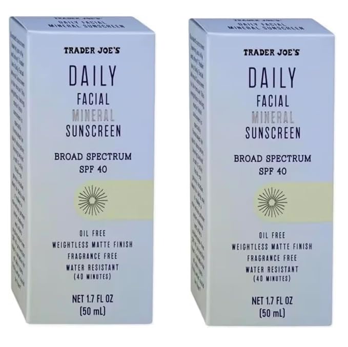 Trader Joe's Daily Facial Mineral Sunscreen Broad Spectrum SPF 40 Oil Free Fragrance Free Matte Finish Water Resistant 1.7 fl oz (pack of 2)