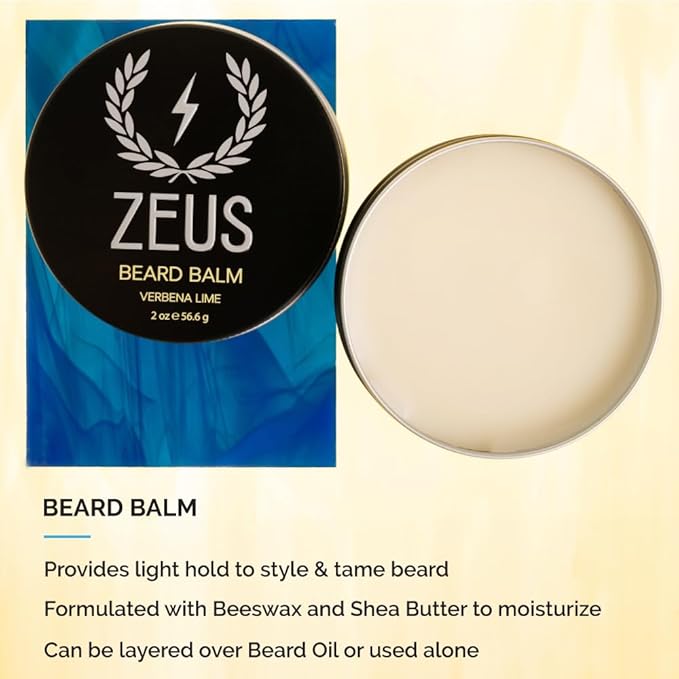 ZEUS Everyday Beard Kit for Men Facial Hair Shampoo Conditioner Oil Balm &amp Tin Gift Box Premium Beard Care &amp Grooming Set (Made in USA) Sandalwood