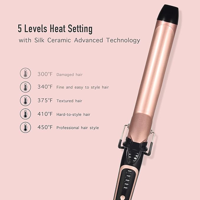 Lanvier 1.25 Inch Clipped Curling Iron with Extra Long Tourmaline Ceramic Barrel Professional Hair Curler up to 450°F Dual Voltage for Traveling Hair Waving Style Tool for Girls &amp Women-Rose Gol
