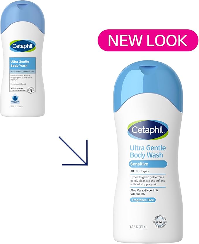 Cetaphil Ultra Gentle Body Wash For Dry to Normal Sensitive Skin 16.9oz Pack of 3 Aloe Vera Vitamin B5 Hypoallergenic Paraben Free Fragrance Free Dermatologist Tested