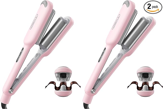 Curling Iron Hair Crimper Waver - TYMO ROVY Beach Waves Curling Wand Ionic Deep Waver Hair Curler Tool with Ceramic 3 Barrel for Women Dual Voltage Anti-Scald Easy to Use Pink 1 Inch (Pack of 2)