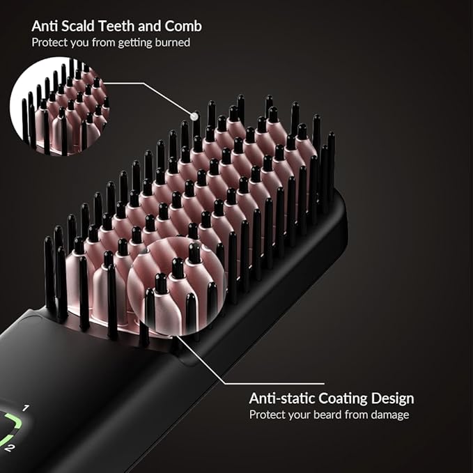 Beard Straightener for Men - Heated Beard Brush with Ionic &amp Anti-Scald Technology 5 Temp Settings Beard Comb for Curly &amp Coarse Hair - Travel Friendly Grooming Tool &amp Gift for Him