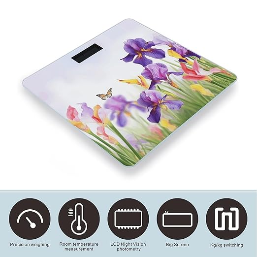 Iris Flower ButterflyScale for Body Weight with LCD High Precision Weighing Scales Fashion Sturdy Tempered Glass Weight Scales Easy-to-Read Digital Bathroom Scale for Daily 400lb