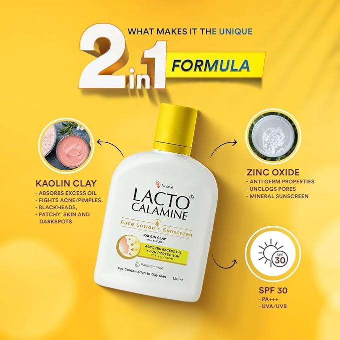 Lact'o Calamin'e Sunscreen Lotion with SPF 30 | 120ml |UVA + UVB PA+++ | Kaolin Clay &amp Zinc Oxide | Daily Face Moisturizer For Oily Skin | Lightweight &amp Non-Greasy | Face &amp Body Lotion