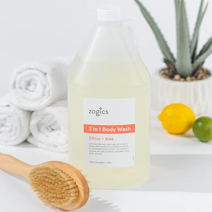 Zogics 3-in-1 Body Wash – Body Soap Shampoo and Hand Soap Liquid Refill All-in-One Hydrating Plant-Based Formula Refreshing Citrus + Aloe Scent (1 Gallon)