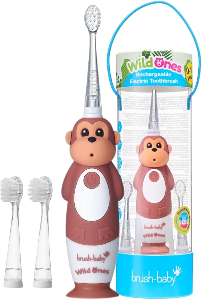BrushBaby - WildOnes - Kids Rechargeable Electric Toothbrush Ages 0-10 - Monkey Design with Flashing Lights - DeepClean Bristles for Superior Cleaning - 2 Replacement Brush Heads 1 USB Cable