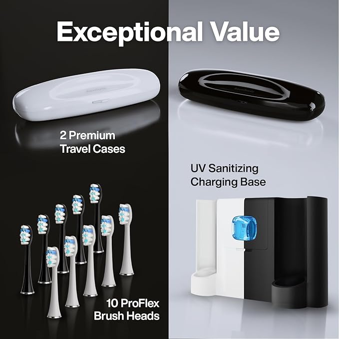 Aquasonic Duo Series PRO UV - ADA Accepted Electric Toothbrushes with UV Sanitizer - Inductive Charging Base - 5 Modes with Smart Timers - 10 Proflex Brush Heads &amp 2 Travel Cases