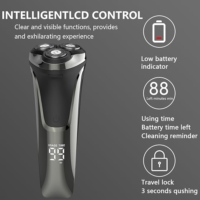 Electric Razor for Men4D Floating Head Rotary Electric RazorIpx7 Waterproof Shavers for Men Wet &amp Dry Shaver with LCD Display&amp Quiet Motor (Black)