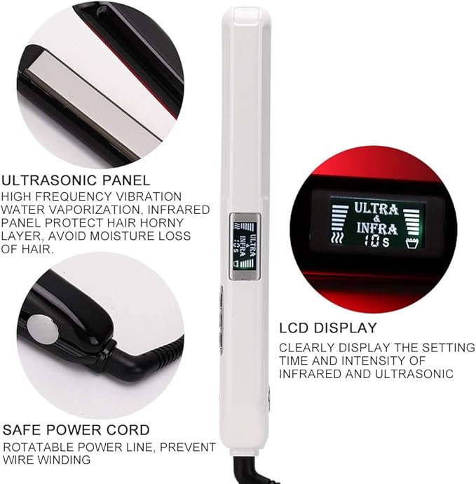Infrared Hair Straightener Cold Technology LCD Display Adjustable Care Time Rotatable Power Line Straighten &amp  Hair Layer (White US standard (110-240v))