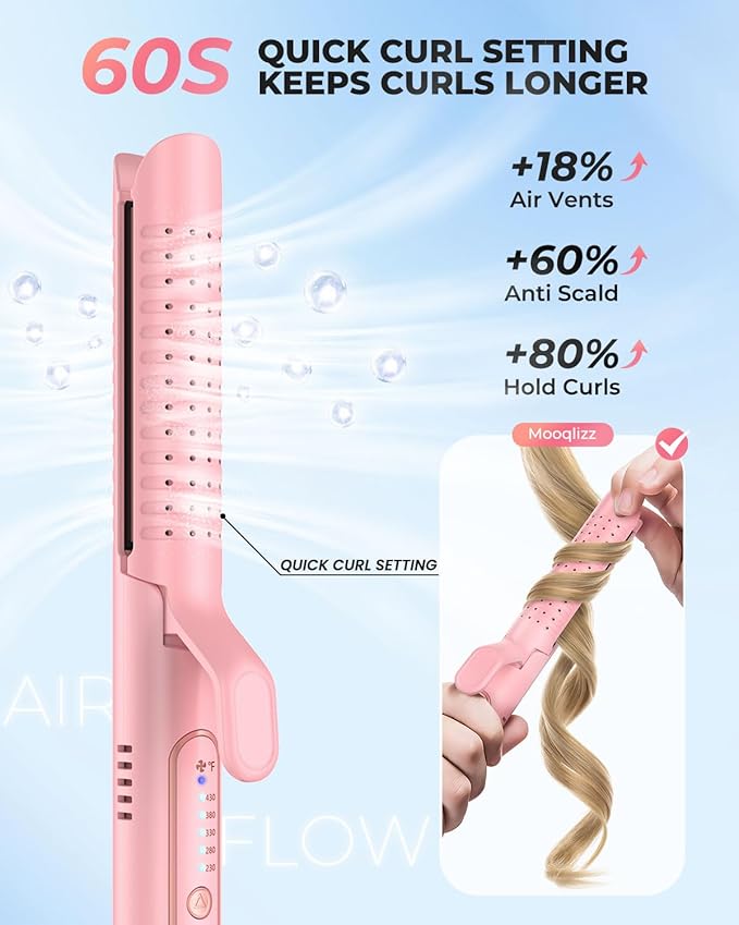 Airflow Styler Curling Iron Hair Straightener and Curler 2 in 1 with 360°Cooling Vents Dual Voltage Adjustable Temp Rose Pink