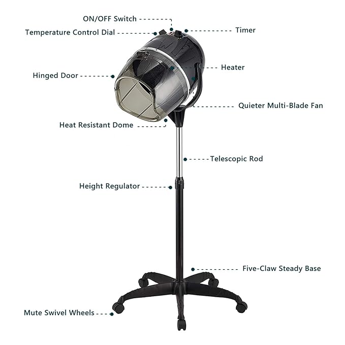 Adjustable Ionic Hooded Hair Dryer Professional Stand up Bonnet Hard Hat Dryer on Wheels Salon Barber Beauty Hair Treatment Styling Equipment