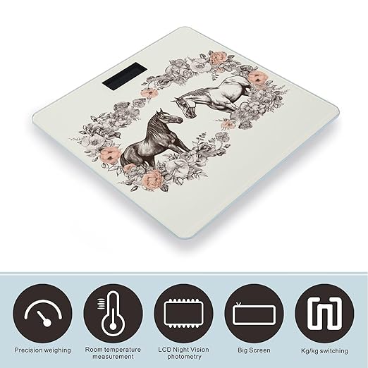 Flowers and Horses Hand Drawn Scale for Body Weight Highly Accurate Digital Bathroom Scale Sturdy Tempered Glass Weighing Scales with LCD Display Fashion Body Fat Smart Scales 400lb