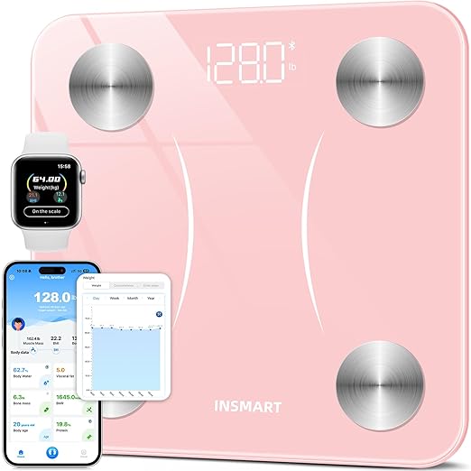 INSMART Smart Scale for Body Weight Digital Bathroom Scale with BMI Muscle Mass Bluetooth Body Fat Scale17 Body Composition Analyzer with Smart APP Sync Weight Scale 400 lbs - Pink