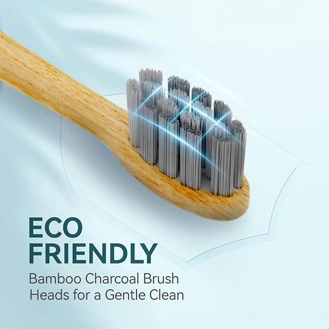 Bamboo Electric Toothbrush for Adults丨Rechargeable Electric Toothbrush with 3 Non Toxic Charcoal Infused Bamboo Brush Heads 5 Cleaning Modes 60 Days Battery Life IPX7 Waterproof-White