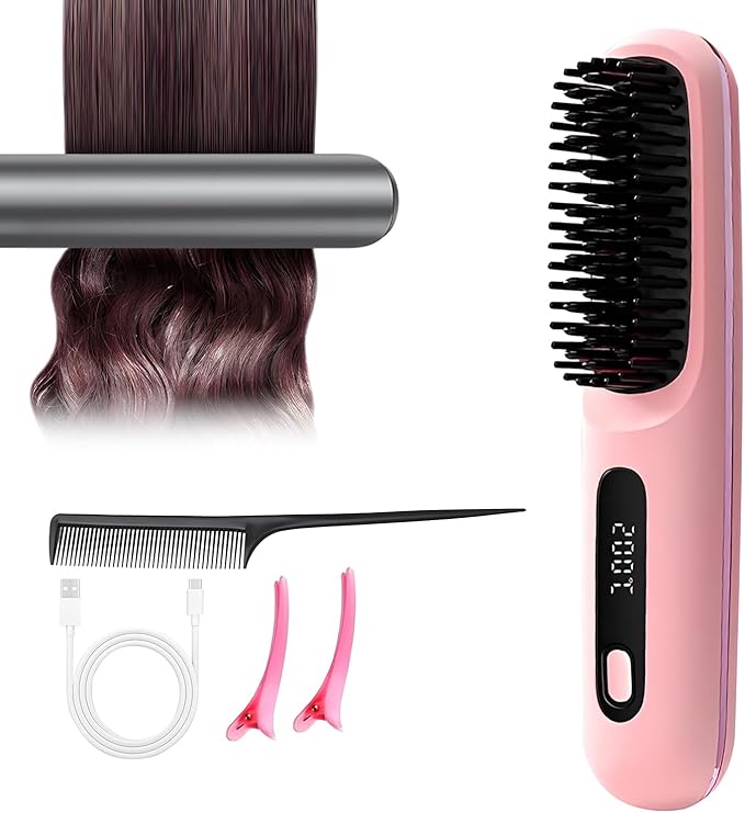 Portable Mini Hair Straightening Brush with Led Display Cordless Hair Straightener Brush Fast Heating Cordless Mini Hair Brushs for Women Short Long Hair (Pink)