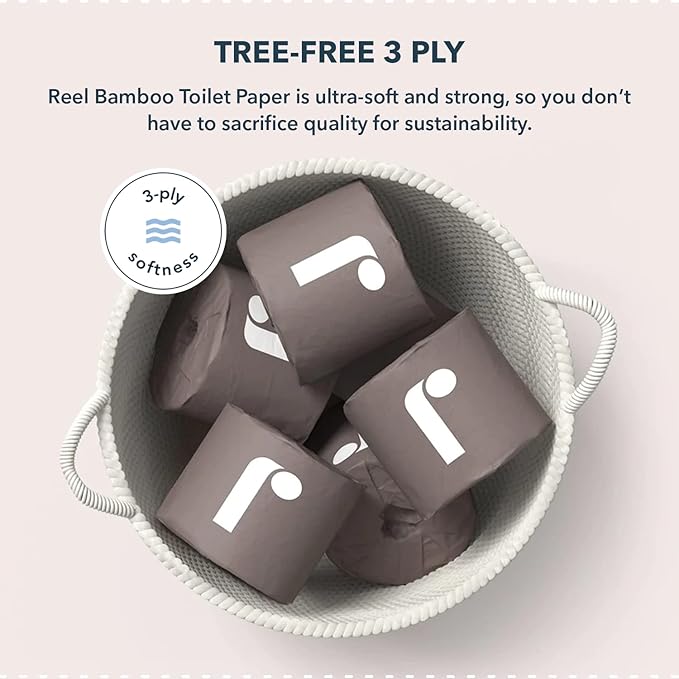 Reel Premium Bamboo Toilet Paper - 24 Rolls of Toilet Paper - 3-Ply Made From Tree-Free - Zero Plastic Packaging Septic Safe