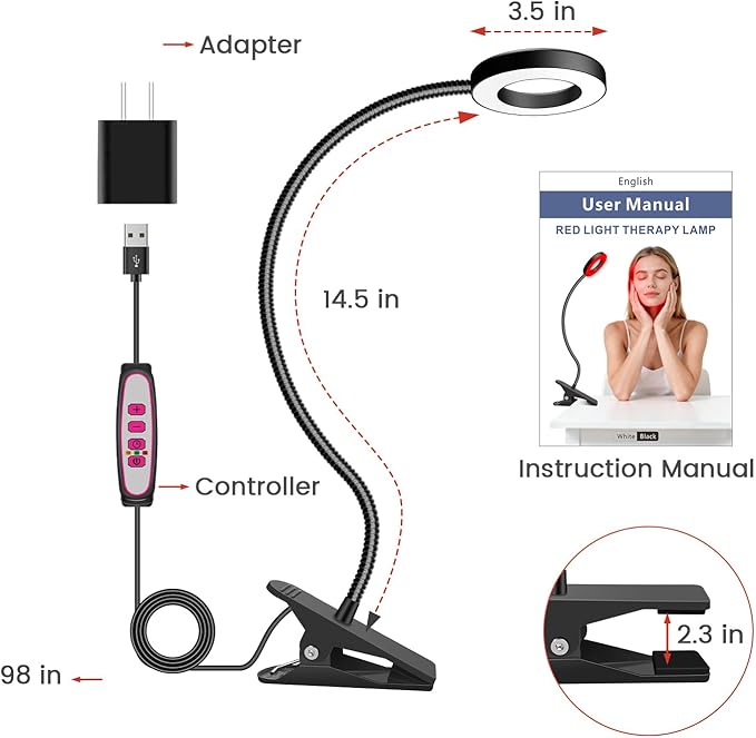 Aumtrly Red Light Therapy for Face and Body Use 660nm Red and 850nm Near Infrared Red Light Therapy Lamp with Clip and Angle Adjustable Small and Portable Suitable for Home or Travel Use Black