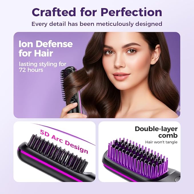 GO Brush 2026 Upgraded Cordless Hair Straightener Brush Portable Ceramic Hair Brush for Travel USB Rechargeable Mini Hair Straightening Comb for Short Long Hair 3 Temperature Settings (Purple)