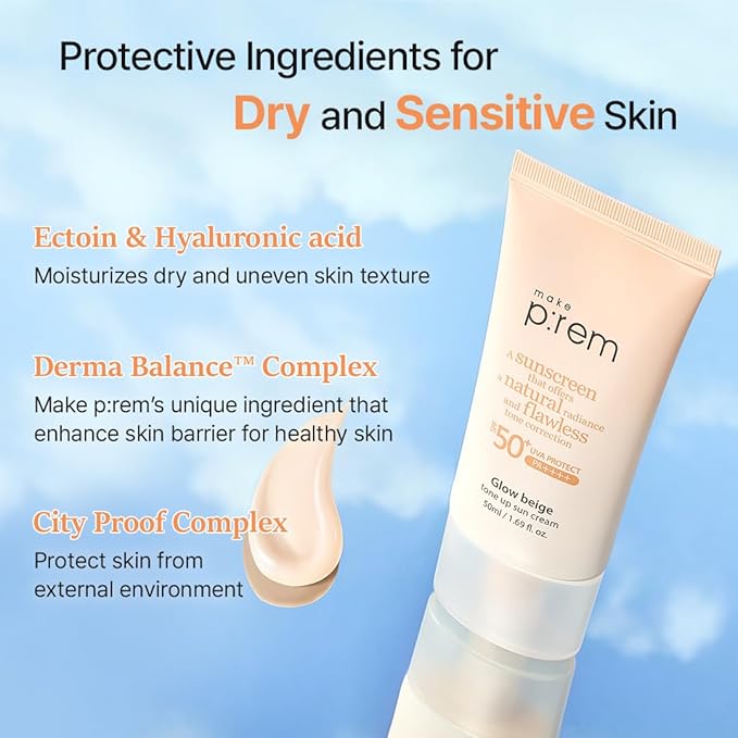 MAKE P:REM Glow Beige Tone Up Sunscreen Foundation-Free Mineral Sun Care Skin Tone Correction Lightweight Korean Sunscreen Korean Skin Care SPF 50 1.69 fl.oz. (50ml)
