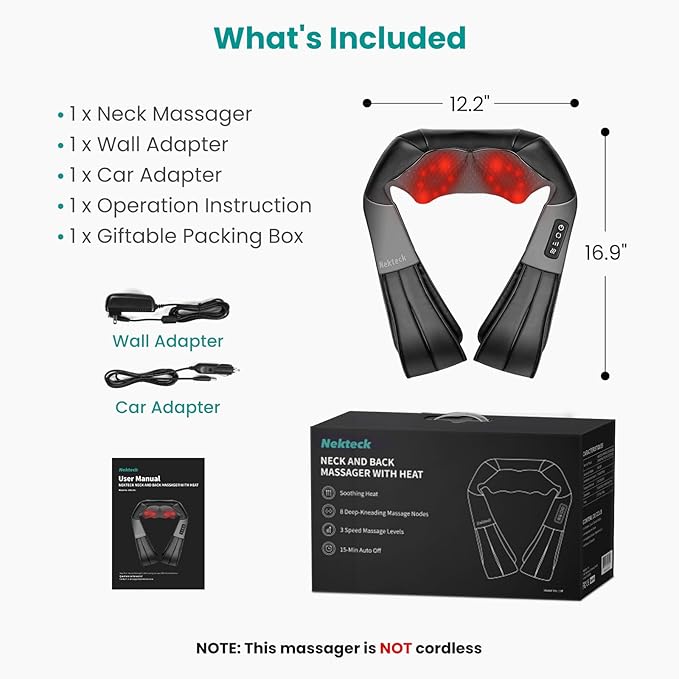 Nekteck Shiatsu Neck Massager with Heat for Pain Relief Deep Tissue 2026 Upgraded 3D Back Shoulder Kneading Massage Pillow Body Muscle Relaxation Tools Gifts for Him Her Black (NOT Cordless)