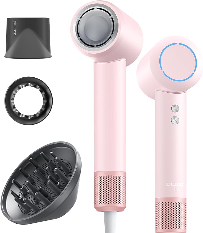 PLUZZ Professional Hair Dryer with Diffuser for Curly Hair 400M Negative Ionic Blow Dryer for Fast Drying 120000 RPM High-Speed Brushless Motor Low Noise Lightweight Travel-Friendly (Pink)